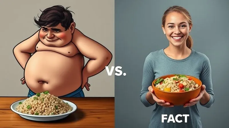 A visually striking, photorealistic image depicting a 'Myth vs. Fact' concept. On one side, a cartoonish, exaggerated image of a person with a bloated stomach looking distressed next to a plate of quinoa (representing the myth). On the other side, a crisp, clear image of a vibrant, healthy person smiling, holding a perfectly prepared quinoa bowl (representing the fact). The overall image should be professional photography, 8K, cinematic lighting, sharp focus, depth of field, shot on a high-end DSLR, no text overlays.