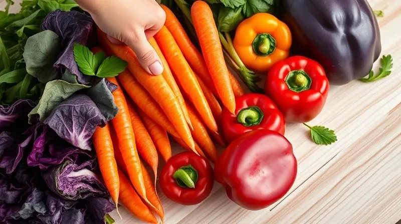 photorealistic, professional photography, 8K, cinematic lighting, sharp focus, depth of field, shot on a high-end DSLR, a vibrant, colorful array of fresh, raw vegetables, including bright orange carrots, deep green spinach, purple cabbage, and red bell peppers, artfully arranged on a light wooden surface, with a single hand reaching in to select a vegetable, emphasizing the freshness and health benefits of ingredients for a vegan cream soup.