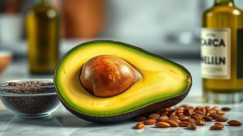 photorealistic, professional photography, 8K, cinematic lighting, sharp focus, depth of field, shot on a high-end DSLR, a close-up of a perfectly ripe avocado, sliced in half, with its vibrant green flesh and large pit visible, surrounded by a small bowl of chia seeds, a bottle of extra virgin olive oil, and a sprinkle of roasted pumpkin seeds, all arranged on a elegant, minimalist kitchen counter, highlighting healthy fats for a vegan diet.