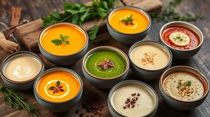 photorealistic, professional photography, 8K, cinematic lighting, sharp focus, depth of field, shot on a high-end DSLR, a vibrant, diverse spread of various vegan cream soups in small, elegant bowls, each with a different color and garnish, such as a bright orange pumpkin soup, a deep green spinach soup, and a creamy red lentil soup, arranged on a rustic wooden table with fresh herbs and spices around, emphasizing variety and healthy choices.