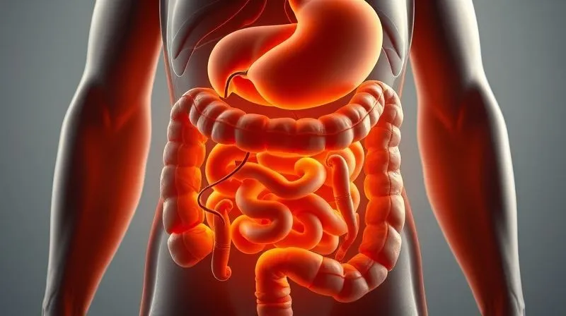 photorealistic, professional photography, 8K, cinematic lighting, sharp focus, depth of field, shot on a high-end DSLR, a visual representation of the human digestive system with highlighted areas for protein, fiber, and healthy fats absorption, illustrating how these nutrients contribute to prolonged satiety and energy release, in a clean, scientific aesthetic with subtle warm lighting.