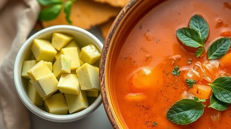 photorealistic, professional photography, 8K, cinematic lighting, sharp focus, depth of field, shot on a high-end DSLR, a close-up of a small bowl of creamy avocado cubes and a drizzle of extra virgin olive oil, elegantly arranged next to a vibrant bowl of vegan soup, illustrating the healthy addition of fats. The scene is bright and inviting, emphasizing freshness and natural ingredients.