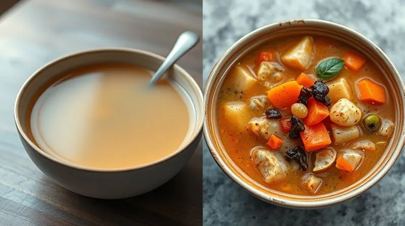 photorealistic, professional photography, 8K, cinematic lighting, sharp focus, depth of field, shot on a high-end DSLR, a split image showing two bowls of vegan soup: one appears thin and watery, lacking distinct elements, while the other is thick, rich, and full of visible chunks, varying textures, and vibrant ingredients. The contrast clearly highlights the concept of volume and texture in enhancing satiety, with a clean, modern aesthetic and appealing presentation.