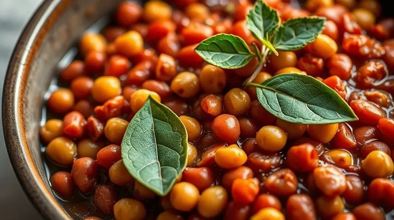A close-up, photorealistic image of a vibrant bowl of cooked red lentils and chickpeas, glistening slightly, with a few fresh bay leaves and thyme sprigs resting on top, cinematic lighting, sharp focus, 8K, shot on a high-end DSLR.