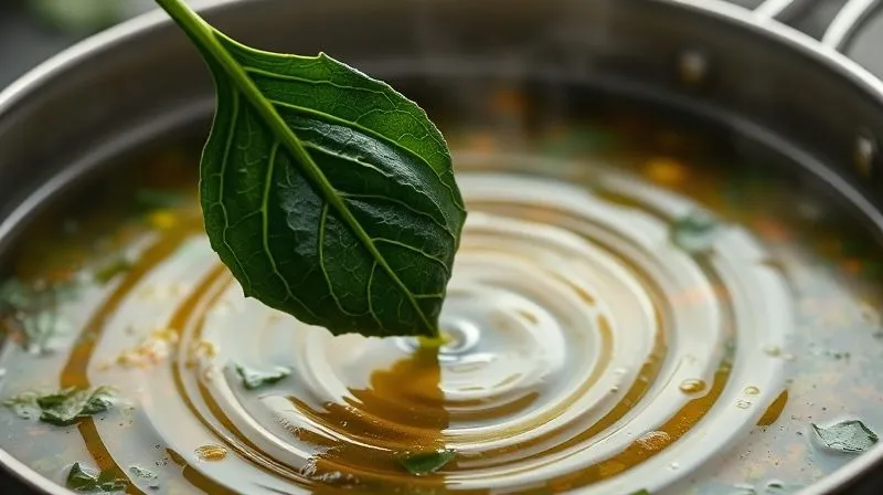 A vibrant, photorealistic image of a fresh, dark green kale leaf and spinach leaves being gently dropped into a steaming pot of vegan vegetable soup, creating a ripple. Cinematic lighting, sharp focus, 8K, shot on a high-end DSLR.