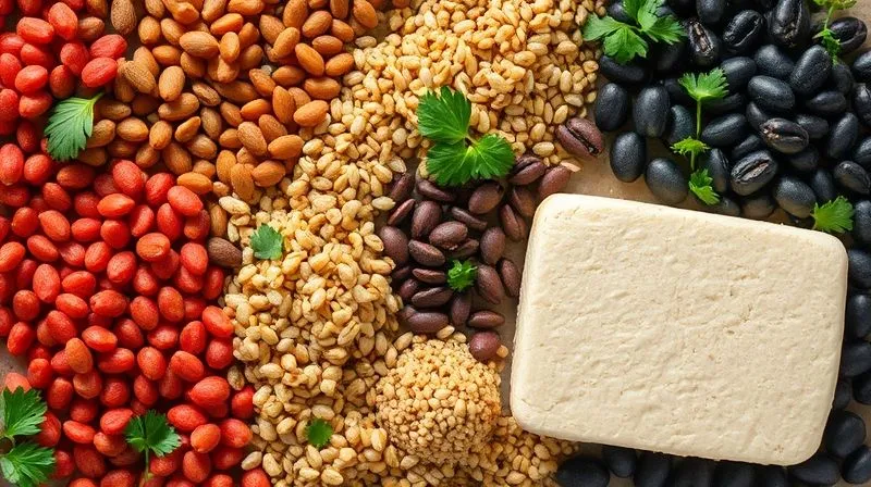 A photorealistic, artistic flat lay of various raw vegan protein ingredients arranged harmoniously: dry red lentils, quinoa grains, black beans, sunflower seeds, and a block of firm tofu, with fresh herbs scattered around. Professional photography, 8K, cinematic lighting, sharp focus, depth of field.