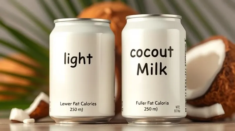 A photorealistic image of two cans of coconut milk side-by-side, one clearly labeled "light" with fewer calories, the other "full-fat," both with vibrant, fresh coconut in the background, cinematic lighting, sharp focus.