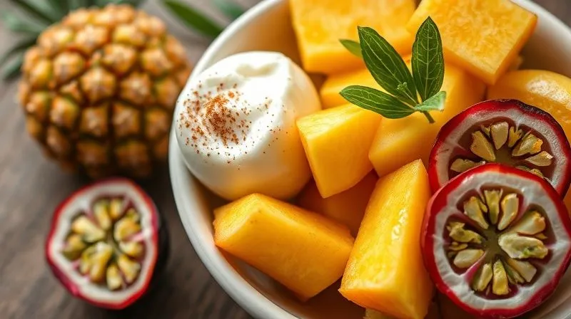 A vibrant, photorealistic bowl of freshly cut tropical fruits (mango, pineapple, passion fruit) next to a small bowl of creamy vegan coconut dessert, with a sprinkle of cinnamon, soft natural light, sharp focus, 8K.