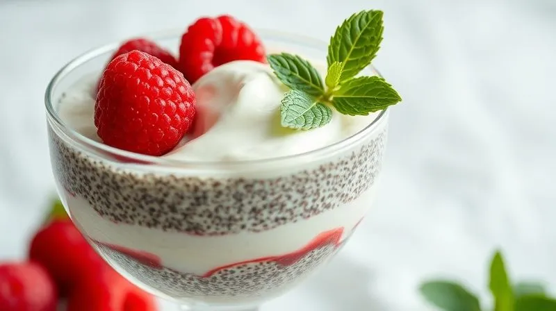 A photorealistic close-up of a beautifully layered vegan coconut chia pudding with fresh raspberries and a sprig of mint, served in an elegant glass, soft diffused light, sharp focus on the texture, 8K.