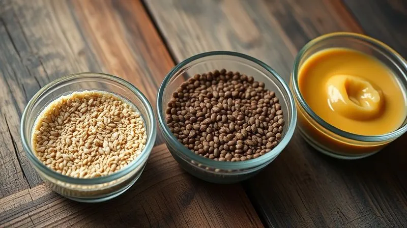 Photorealistic, professional photography, 8K, cinematic lighting, sharp focus, depth of field, shot on a high-end DSLR. A close-up of three small bowls on a rustic wooden table: one with ground flaxseeds mixed with water forming a gel, another with whole chia seeds soaking in water, and a third with a smooth, golden apple puree. The light highlights the textures and natural colors, emphasizing healthy vegan baking ingredients.