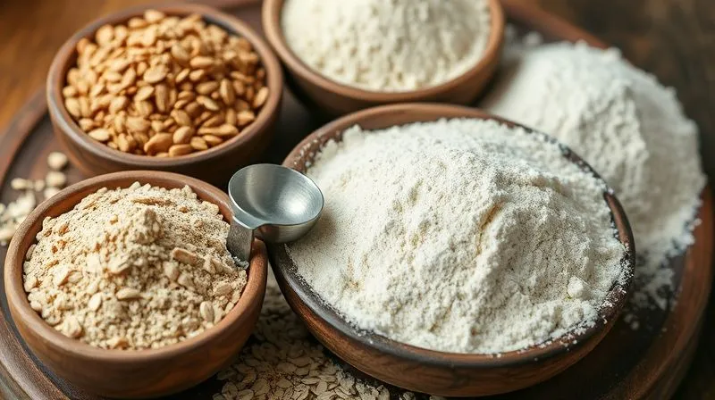 Photorealistic, professional photography, 8K, cinematic lighting, sharp focus, depth of field, shot on a high-end DSLR. A visually appealing arrangement of various types of flour in small, rustic bowls: whole wheat flour, oat flour, almond flour, and a gluten-free blend. The flours are distinct in color and texture, with soft, diffused lighting emphasizing their natural quality. A measuring spoon is gently placed among them.