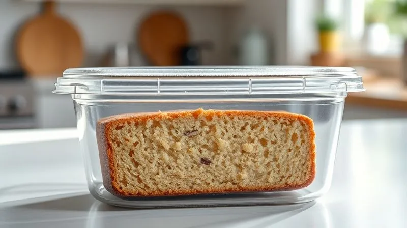 Photorealistic, professional photography, 8K, cinematic lighting, sharp focus, depth of field, shot on a high-end DSLR. A perfectly sliced, moist vegan cake piece stored in a clear, airtight glass container on a clean kitchen counter. The container is slightly frosted from being taken out of the fridge, and the cake inside looks fresh and inviting. Soft natural light illuminates the scene, emphasizing preservation and freshness.