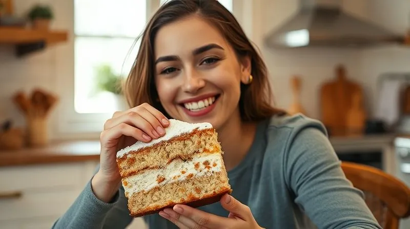 Photorealistic, professional photography, 8K, cinematic lighting, sharp focus, depth of field, shot on a high-end DSLR. A happy, smiling person enjoying a slice of perfectly moist, delicious vegan weight-loss cake, sitting in a bright, cozy kitchen. The cake is visibly soft and crumbly. The person's expression conveys pure satisfaction and health. The background is warm and inviting.