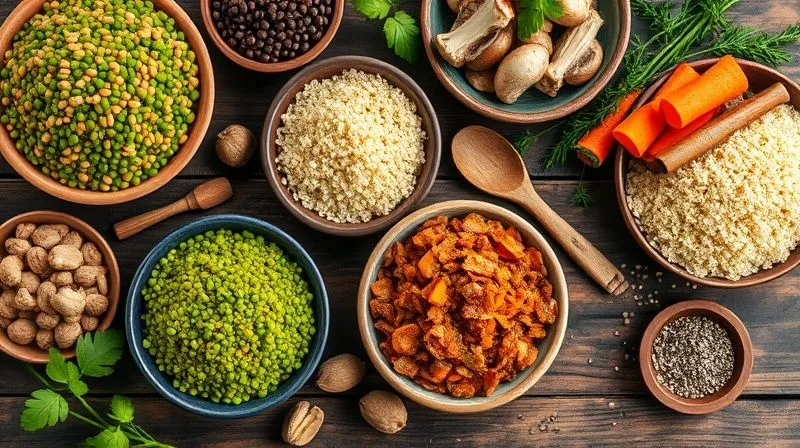 A highly detailed, overhead shot of a rustic wooden table filled with vibrant, fresh ingredients for vegan lentil patties. Bowls contain various types of lentils (green, red, brown), quinoa, finely chopped mushrooms, grated carrots, a handful of walnuts, and a small bowl of chia seeds. Ingredients are artfully arranged, with some spices scattered around. Photorealistic, professional photography, 8K, cinematic lighting, sharp focus on the ingredients, depth of field blurring the background, shot on a high-end DSLR, evoking a sense of natural abundance and healthy preparation.