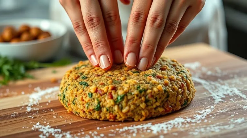 A close-up, photorealistic shot of hands gently pressing and shaping a vegan lentil patty mixture on a floured wooden surface. The mixture is rich in texture, showing visible pieces of lentils, herbs, and vegetables. The background is softly blurred, hinting at a cozy kitchen environment. Cinematic lighting, sharp focus on the hands and patty, 8K hyper-detailed, shot on a high-end DSLR, conveying a sense of artisanal preparation and care.