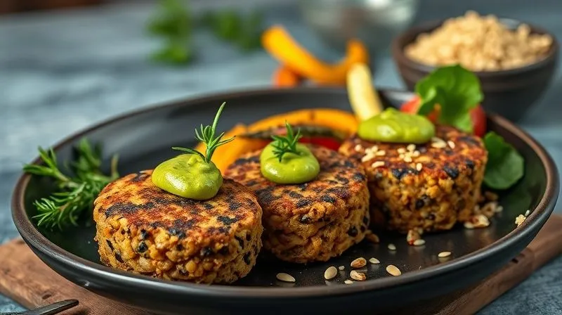 A beautifully plated, professional photography of three distinct vegan lentil patties, each with a unique garnish, on a dark ceramic plate. One patty is topped with a sprig of fresh rosemary, another with a dollop of vibrant green avocado crema, and the third with a sprinkle of toasted sesame seeds. A side of colorful roasted vegetables and a small bowl of quinoa are artfully arranged. Cinematic lighting, sharp focus on the food, depth of field blurring the background, 8K hyper-detailed, shot on a high-end DSLR, conveying culinary excellence and healthy indulgence.