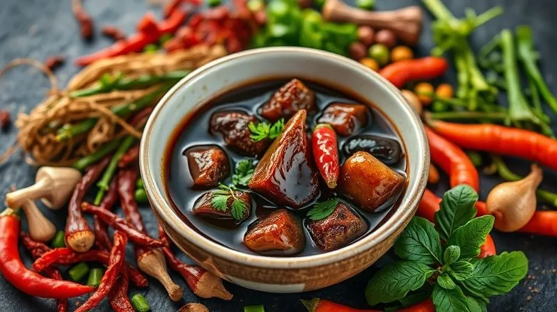 A vibrant, photorealistic image of various colorful spices and fresh herbs artfully arranged around a bowl of rehydrated soy chunks marinating in a rich, dark sauce, with cinematic lighting and sharp focus. 8K, shot on a high-end DSLR.
