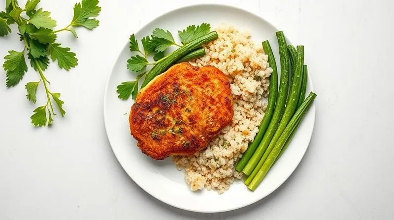 A professional, photorealistic flat lay image of a healthy, low-calorie vegan soy cutlet meal, featuring a perfectly baked soy cutlet, quinoa, steamed green vegetables, and a light herb dressing, all arranged aesthetically on a white plate. Bright, natural lighting, sharp focus, 8K, shot on a high-end DSLR.
