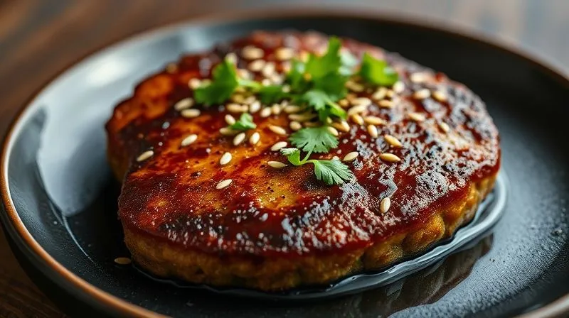 A close-up, photorealistic, professional photography shot of a perfectly seared vegan soy cutlet, glistening with a savory glaze, topped with fresh cilantro and sesame seeds, on a dark ceramic plate. Steam is subtly rising. Cinematic lighting, sharp focus, depth of field, 8K, shot on a high-end DSLR.