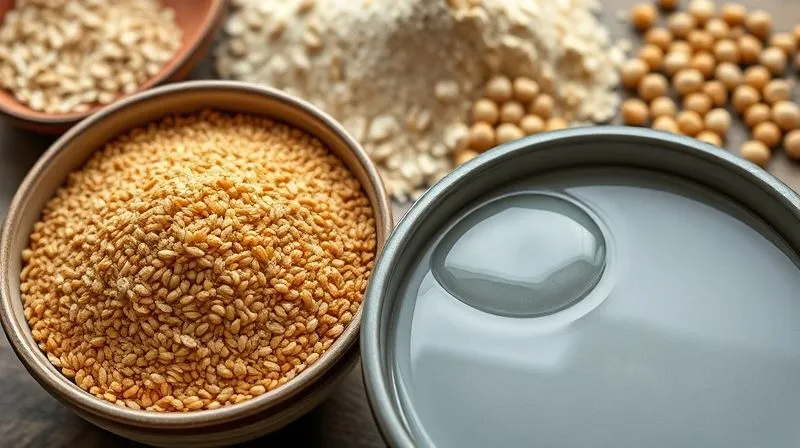 Photorealistic, professional photography, 8K, cinematic lighting, sharp focus, depth of field, shot on a high-end DSLR. A close-up shot of various vegan binders: a small bowl of golden-brown ground flaxseed next to a bowl of chia seeds, both with small puddles of gel forming. In the background, a handful of oat flour and chickpea flour are visible. The focus is on the textural changes as the binders absorb water, with soft, natural light.