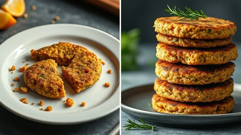 Photorealistic, professional photography, 8K, cinematic lighting, sharp focus, depth of field, shot on a high-end DSLR. A split image showing a 'before and after' scenario for cooking vegan lentil patties. On the left, a broken, crumbly, and shapeless lentil patty on a plate, looking unappetizing. On the right, a stack of perfectly formed, golden-brown, firm lentil patties with fresh herbs, looking delicious and professional. The lighting emphasizes the contrast between failure and success, with a hopeful and satisfying mood.