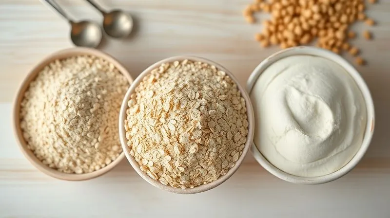 Photorealistic close-up of three bowls, each containing a different type of flour: finely ground oat flour, light brown whole wheat flour, and creamy chickpea flour. The bowls are arranged on a minimalist, light-colored wooden surface, with soft, natural light highlighting the texture of each flour. Sharp focus on the different grain sizes and colors, depth of field blurring a subtle background of measuring spoons. Professional photography, 8K, cinematic lighting.