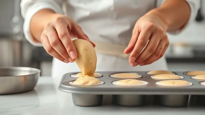 Photorealistic image of a baker's hands gently placing perfectly portioned vegan muffin batter into a silicone muffin tin. The background shows a clean, modern kitchen with soft, diffused light. The focus is on the careful, precise movement, emphasizing portion control and healthy preparation. Professional photography, 8K, cinematic lighting, sharp focus on the hands and batter, depth of field blurring the kitchen background.