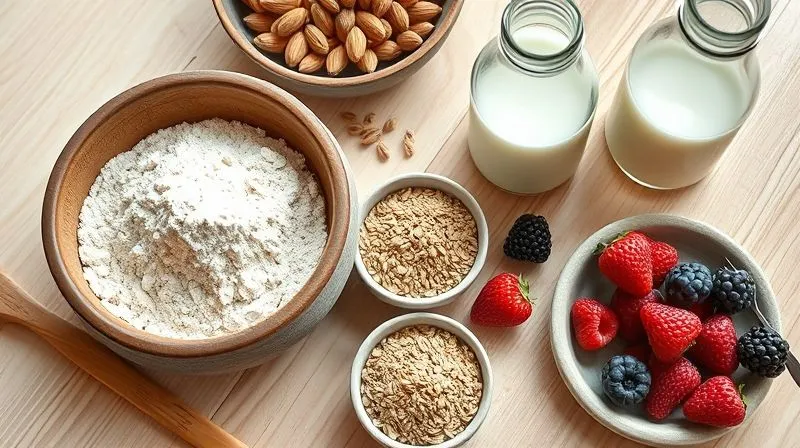 A close-up, photorealistic shot of various healthy vegan pancake ingredients laid out on a light wooden table: whole wheat flour in a rustic bowl, a small bowl of ground flaxseed, unsweetened almond milk in a glass bottle, fresh berries, and a minimal amount of agave syrup. The scene is bright and clean, with soft, diffused natural light highlighting the textures. professional photography, 8K, cinematic lighting, sharp focus on the ingredients, depth of field, shot on a high-end DSLR