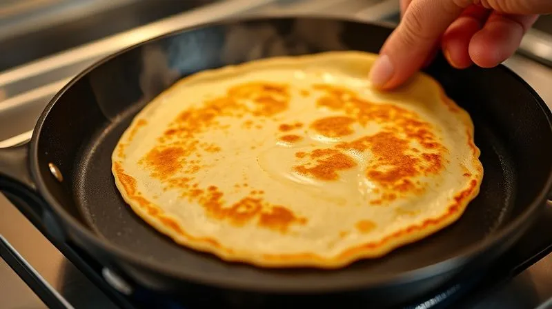 A close-up, photorealistic shot of a skilled hand expertly flipping a thin, golden-brown vegan pancake on a non-stick pan. The pancake is perfectly round and slightly crisp at the edges. Steam gently rises from the pan, illuminated by warm kitchen lighting. professional photography, 8K, cinematic lighting, sharp focus on the pancake, depth of field, shot on a high-end DSLR