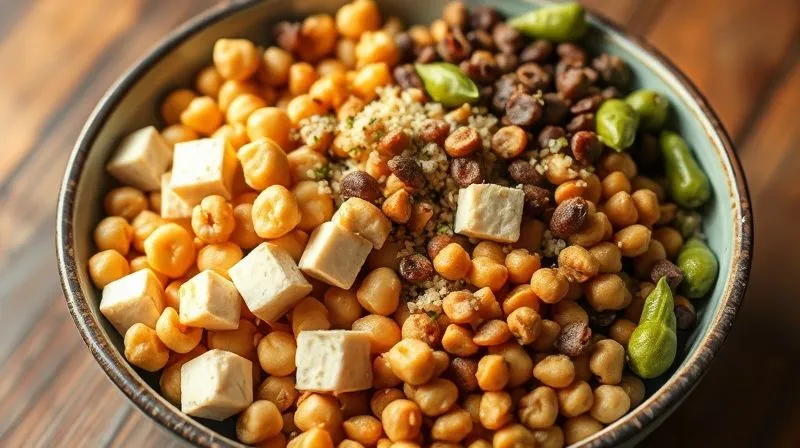 A bowl filled with various plant-based protein sources, including cooked chickpeas, lentils, cubes of firm tofu, shelled edamame, and a sprinkle of quinoa, all arranged attractively with natural light. Photorealistic, professional photography, 8K, cinematic lighting, sharp focus, depth of field, shot on a high-end DSLR.