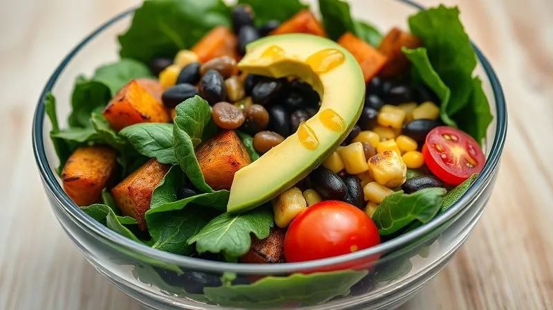 A vibrant, artfully arranged vegetarian salad in a clear glass bowl, showcasing distinct layers of dark green spinach, roasted sweet potatoes, black beans, corn, cherry tomatoes, and sliced avocado, topped with a drizzle of light vinaigrette. Photorealistic, professional photography, 8K, cinematic lighting, sharp focus, depth of field, shot on a high-end DSLR.