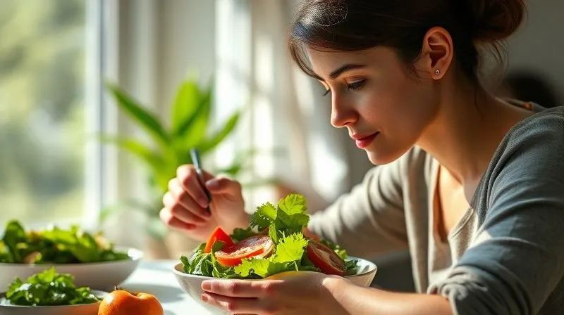 A person sitting at a sunlit table, thoughtfully enjoying a vibrant vegetarian salad. Their eyes are focused on the food, and there's a sense of calm and contentment. The background is softly blurred, suggesting a peaceful home environment. Photorealistic, professional photography, 8K, cinematic lighting, sharp focus, depth of field, shot on a high-end DSLR.