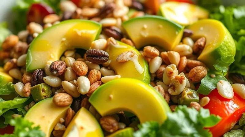 A vibrant, close-up photorealistic shot of a colorful vegetarian weight-loss salad, featuring prominent chunks of avocado, a drizzle of olive oil, and various nuts and seeds sprinkled on top. The ingredients are fresh and glistening, captured with cinematic lighting and a shallow depth of field. 8K hyper-detailed, professional photography, shot on a high-end DSLR.