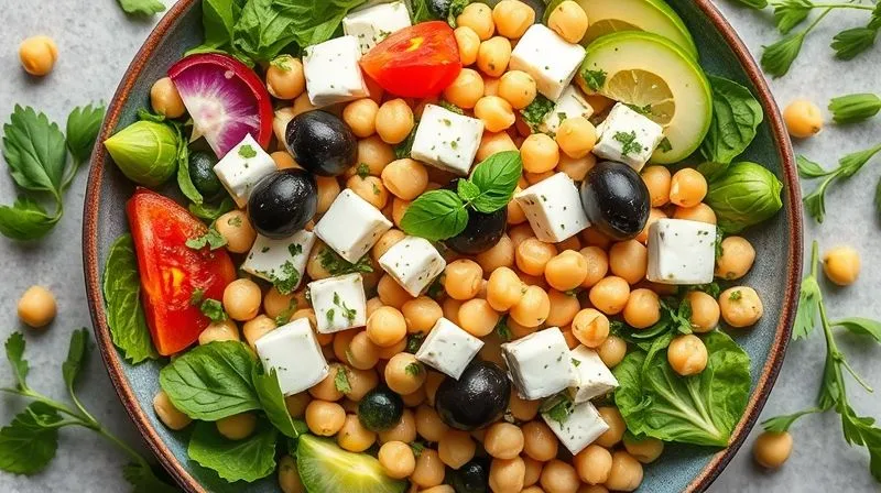 A beautifully arranged, photorealistic top-down shot of a Mediterranean-inspired vegetarian weight-loss salad with chickpeas, plant-based feta, olives, and fresh herbs. The colors are vibrant, and the textures are inviting. Professional photography, 8K, cinematic lighting, sharp focus on the ingredients, shot on a high-end DSLR.