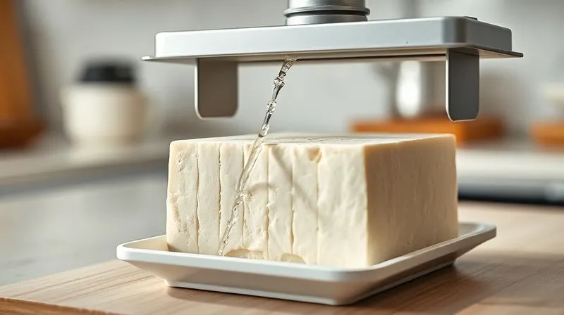 A photorealistic, professional photography, 8K, cinematic lighting, sharp focus, depth of field, shot on a high-end DSLR of a block of firm tofu being pressed under a custom tofu press, with drops of water visibly being squeezed out into a small tray below. The background is a clean, modern kitchen counter.
