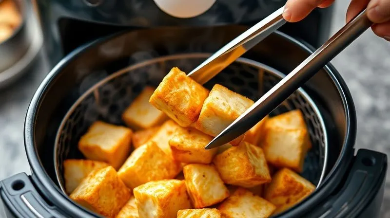 A photorealistic, professional photography, 8K, cinematic lighting, sharp focus, depth of field, shot on a high-end DSLR of perfectly golden, crispy fried tofu cubes being gently removed from an air fryer basket with tongs. Steam is subtly rising, and the tofu looks incredibly appetizing and healthy. The background shows a modern, minimalist kitchen.