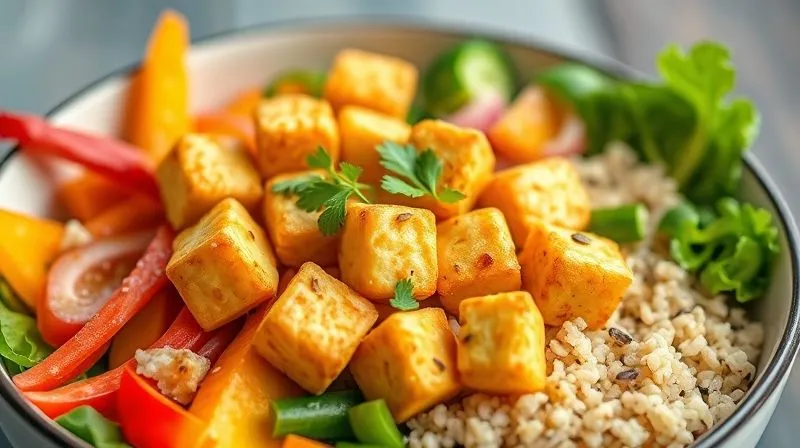 A photorealistic, professional photography, 8K, cinematic lighting, sharp focus, depth of field, shot on a high-end DSLR of a vibrant, healthy fitness bowl. In the center, perfectly golden and crispy cubes of fried tofu are arranged, garnished with fresh herbs like cilantro and sesame seeds. The bowl is filled with colorful vegetables, quinoa, and a light dressing, emphasizing a delicious and nutritious meal.