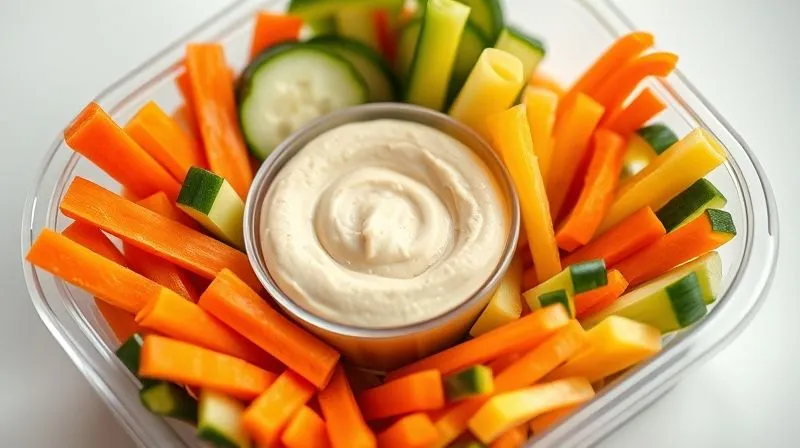 Photorealistic, professional photography, 8K, cinematic lighting, sharp focus, depth of field, shot on a high-end DSLR. A vibrant, fresh selection of pre-cut vegetables (carrot sticks, cucumber slices, bell pepper strips) neatly arranged in a bento-style lunchbox with a separate, small, lidded container of creamy hummus in the center. The vegetables glisten with freshness, and the hummus is smooth and inviting. The scene is bright and clean, emphasizing healthy eating.