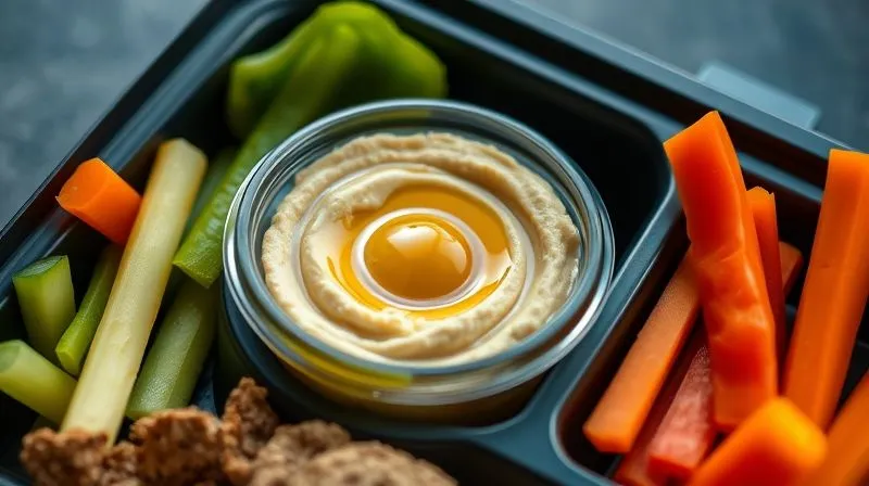 Close-up of a small, airtight container of creamy hummus, perfectly sealed with a thin layer of olive oil on top, placed next to crisp, colorful vegetable sticks (carrots, cucumbers, bell peppers) in a separate compartment of a modern, bento-style lunchbox. The scene is lit with cinematic lighting, highlighting the freshness and organized nature of the meal.