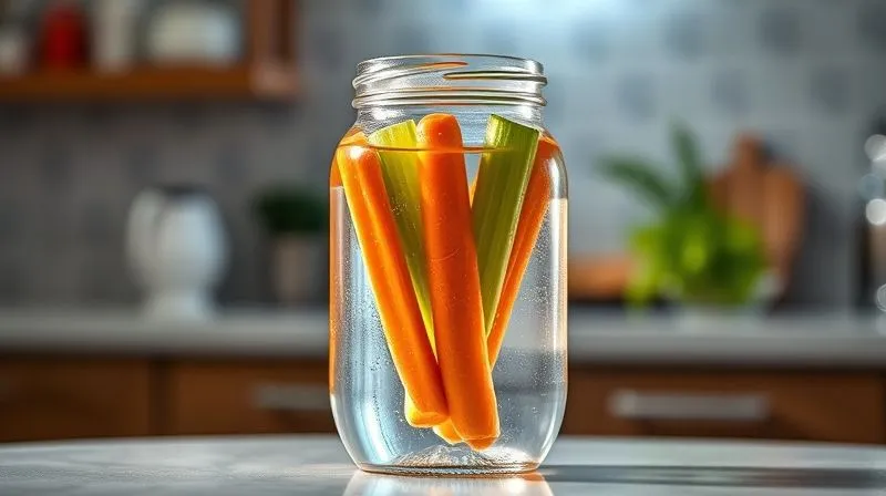 Photorealistic, professional photography, 8K, cinematic lighting, sharp focus, depth of field, shot on a high-end DSLR. A clear glass jar filled with vibrant, crisp carrot and celery sticks submerged in fresh, cold water, with a tight-fitting lid. The jar is placed on a clean kitchen counter, suggesting a method for long-term freshness. The lighting emphasizes the clarity of the water and the vivid colors of the vegetables.