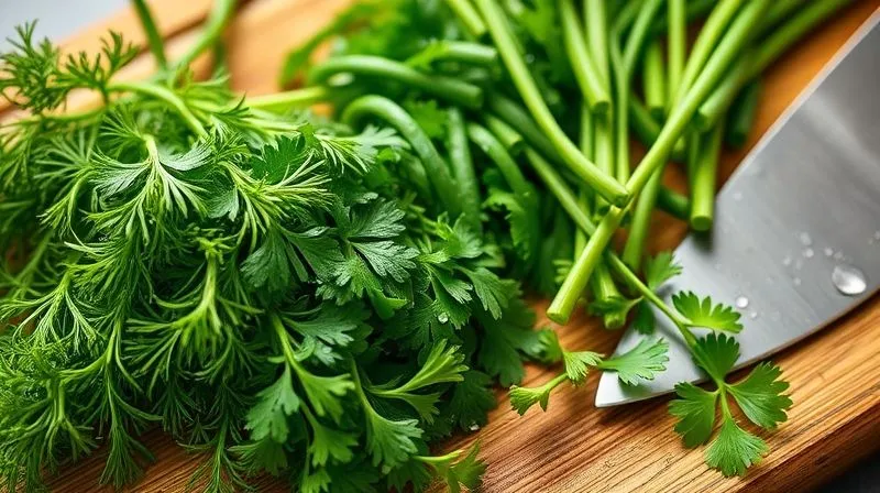 A close-up, photorealistic image of a vibrant assortment of freshly washed herbs – dill, chives, parsley – neatly arranged on a wooden cutting board, with a sharp chef's knife nearby. The herbs are glistening with water droplets, and the lighting is bright and natural, emphasizing their freshness. Professional photography, 8K, cinematic lighting, sharp focus, depth of field, shot on a high-end DSLR.