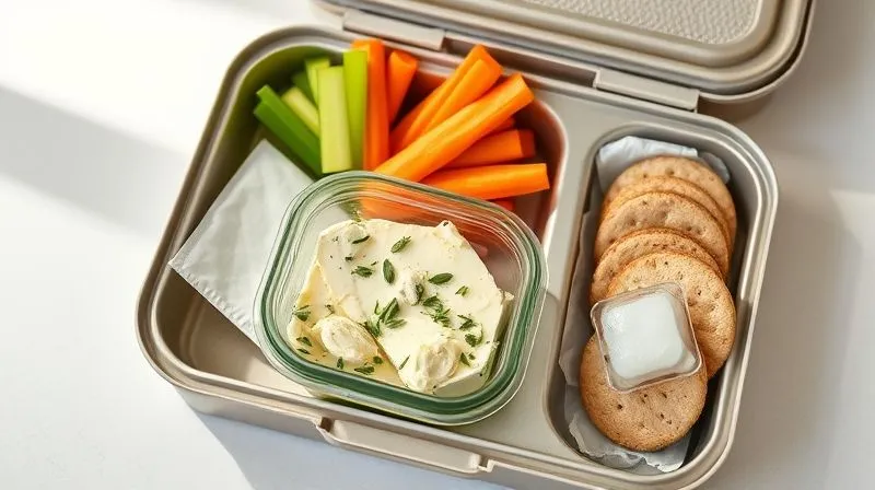 A photorealistic image of a neatly packed lunchbox, featuring a small, airtight glass container filled with vibrant herbal cottage cheese, alongside separate compartments holding fresh vegetable sticks (carrots, celery), whole-wheat crackers, and a small ice pack. The lunchbox is open on a clean, light surface, with a soft, inviting glow from natural light. Professional photography, 8K, cinematic lighting, sharp focus, depth of field, shot on a high-end DSLR.
