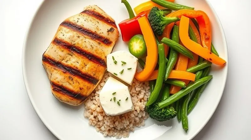 A photorealistic top-down view of a perfectly balanced fitness meal, with a small portion of herbal cottage cheese, alongside grilled chicken breast, a colorful medley of steamed vegetables (broccoli, bell peppers, green beans), and a small serving of quinoa. The meal is presented on a clean, white plate, with bright, even lighting, emphasizing health and freshness. Professional photography, 8K, cinematic lighting, sharp focus, depth of field, shot on a high-end DSLR.
