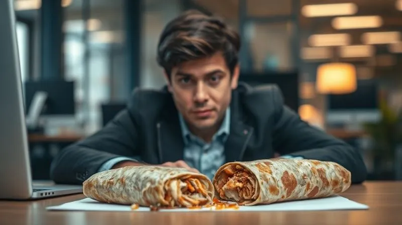 A photorealistic image of a person looking tired and sluggish at a desk, with an unappealing, greasy-looking wrap half-eaten beside them, cinematic lighting, sharp focus on the person's fatigued expression, depth of field blurring the office background, 8K hyper-detailed.