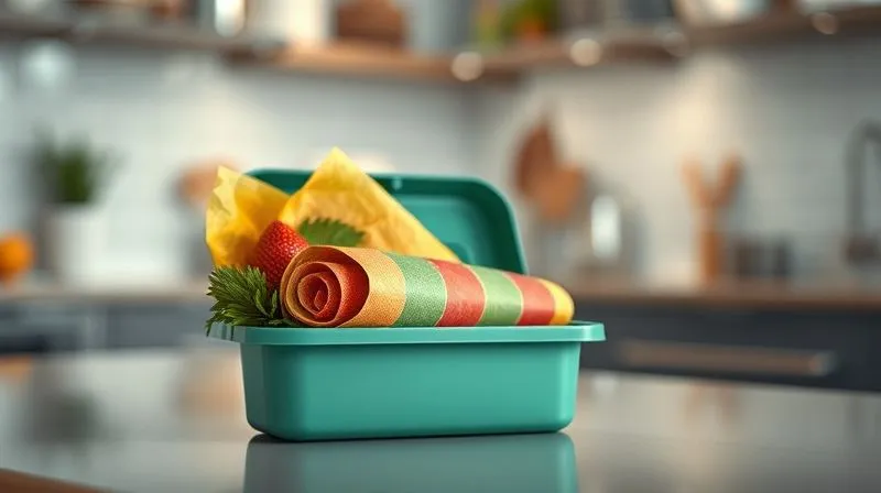 A photorealistic image of a vibrant, organized lunchbox containing a perfectly rolled, colorful wrap and fresh fruit, ready for transport, cinematic lighting, sharp focus on the lunchbox, depth of field blurring a modern kitchen background, 8K hyper-detailed.
