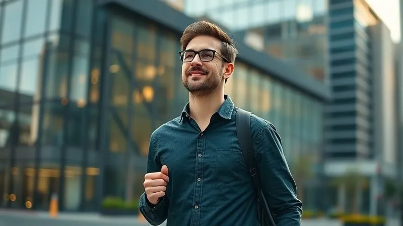 A photorealistic image of a person taking a short, refreshing walk outside an office building during a break, looking energized and focused, cinematic lighting, sharp focus on the person, depth of field blurring the urban background, 8K hyper-detailed.