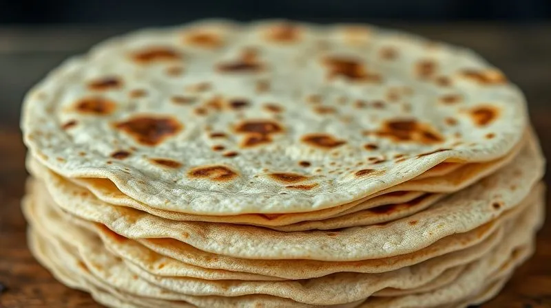 Photorealistic close-up of a stack of whole-grain tortillas, showing their texture and natural color, with a single tortilla unrolled, ready for filling. Cinematic lighting highlights the healthy grain texture, shot on a high-end DSLR.