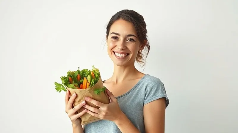 Photorealistic image of a woman, Anna, smiling confidently while holding a perfectly composed, healthy whole-grain wrap. Her posture is upright and she looks energetic. Soft, natural light illuminates her, emphasizing a sense of well-being and success. Shot on a high-end DSLR.