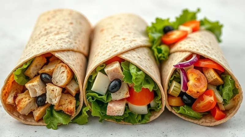Photorealistic image of three different healthy whole-grain wraps, each showcasing a unique, colorful filling (chicken, tuna, vegetarian). They are artfully arranged on a clean, light surface, demonstrating variety and appeal. Cinematic lighting, sharp focus on the fillings, depth of field. Shot on a high-end DSLR.