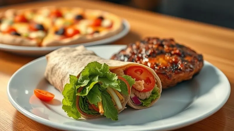 Photorealistic image of two dinner plates on a table. One plate features a light, vibrant, healthy whole-grain wrap with fresh vegetables and lean protein. The other plate shows a heavy, greasy, and calorie-dense meal like a pizza slice or a large burger. Cinematic lighting, sharp focus on the healthy wrap, depth of field blurring the background, 8K hyper-detailed.